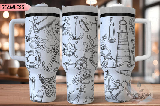 Nautical Doodles Tumbler Wrap SVG | 40oz Laser Engraving File | Rotary Ready Digital Design | Ocean Nautical SVG