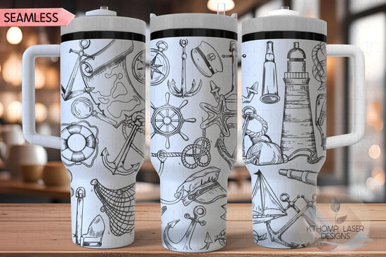 Nautical Doodles Tumbler Wrap SVG | 40oz Laser Engraving File | Rotary Ready Digital Design | Ocean Nautical SVG