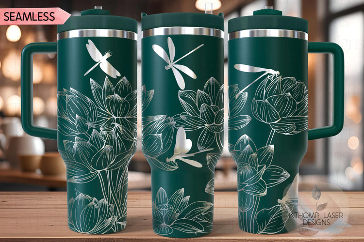 Dragonflies and Lotus Flowers Tumbler Wrap SVG | 40oz Laser Engraving File | Rotary Ready Digital Design | Jungle Theme SVG