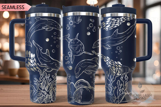 Dolphins Ocean Scene Tumbler Wrap SVG | 40oz Laser Engraving File | Rotary Ready Digital Design | Ocean Nautical SVG