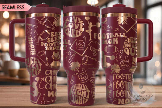 Football & Cheer Mom Tumbler Wrap SVG | 40oz Laser Engraving File | Rotary Ready Digital Design | Mom Life SVG