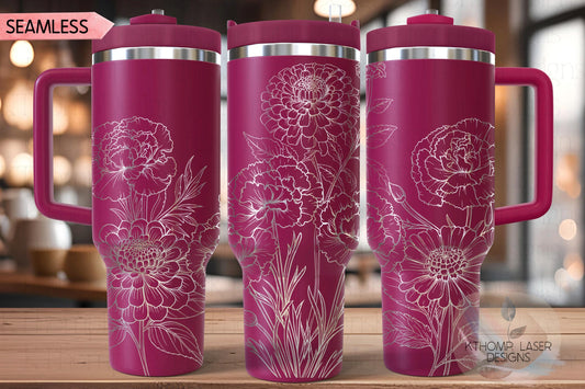 Zinnia & Carnations Floral Tumbler Wrap SVG | 40oz Laser Engraving File | Rotary Engrave Digital Design | Floral SVG Design