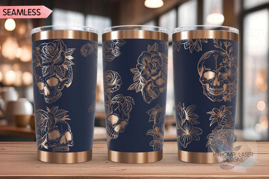 Skulls and Roses Tumbler Wrap SVG | 20oz and 30oz Laser Engraving File | Rotary Engrave Digital Design | Floral SVG Design