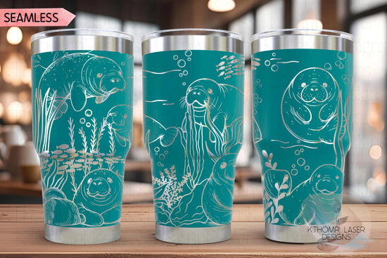 Manatees Ocean Life Tumbler Wrap SVG | 20oz and 30oz Laser Engraving File | Rotary Ready Digital Design | Ocean Nautical SVG