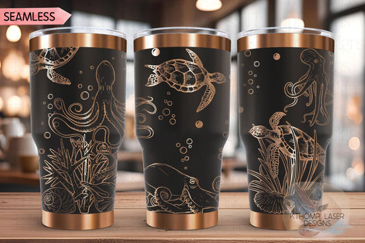 Octopus and Turtles Tumbler Wrap SVG | 20oz and 30oz Laser Engraving File | Rotary Ready Digital Design | Ocean Nautical SVG