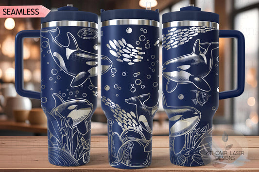 Orcas Killer Whales Tumbler Wrap SVG | 40oz Laser Engraving File | Rotary Ready Digital Design | Ocean Nautical SVG
