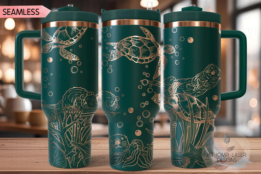 Otters and Turtles Tumbler Wrap SVG | 40oz Laser Engraving File | Rotary Ready Digital Design | Ocean Nautical SVG