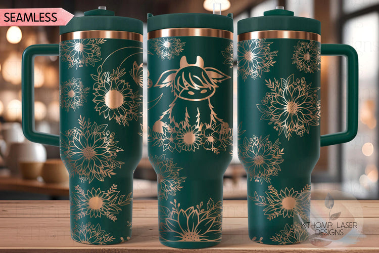 Highland Cow Floral Tumbler Wrap SVG | 40oz Laser Engraving File | Rotary Ready Digital Design | Western Farm SVG