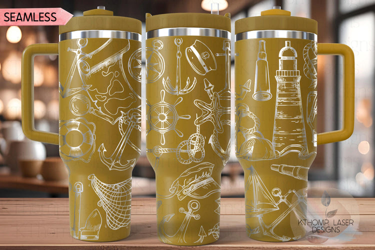 Nautical Doodles Tumbler Wrap SVG | 40oz Laser Engraving File | Rotary Ready Digital Design | Ocean Nautical SVG
