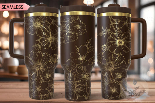 Cosmos Morning Glories & Violets Floral Tumbler Wrap SVG | 40oz Laser Engraving File | Rotary Engrave Digital Design | Floral SVG Design