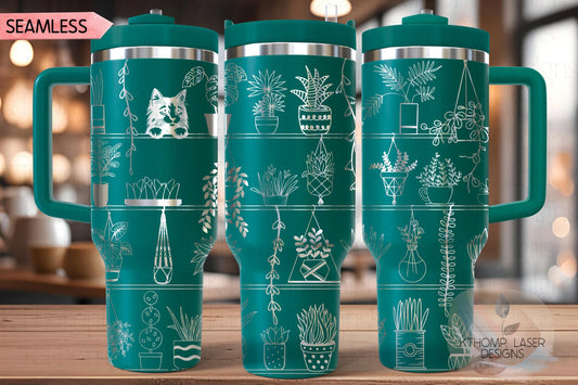 Plant Shelves with Peeking Cat Tumbler Wrap SVG | 40oz Laser Engraving File | Rotary Engrave Digital Design | Floral SVG Design