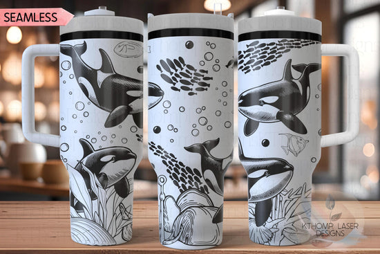 Orcas Killer Whales Tumbler Wrap SVG | 40oz Laser Engraving File | Rotary Ready Digital Design | Ocean Nautical SVG