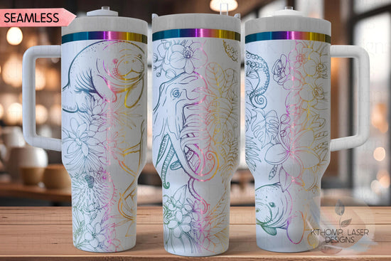 Floral Ocean Life Tumbler Wrap SVG | 40oz Laser Engraving File | Rotary Ready Digital Design | Ocean Nautical SVG