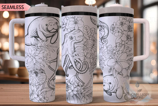 Floral Ocean Life Tumbler Wrap SVG | 40oz Laser Engraving File | Rotary Ready Digital Design | Ocean Nautical SVG