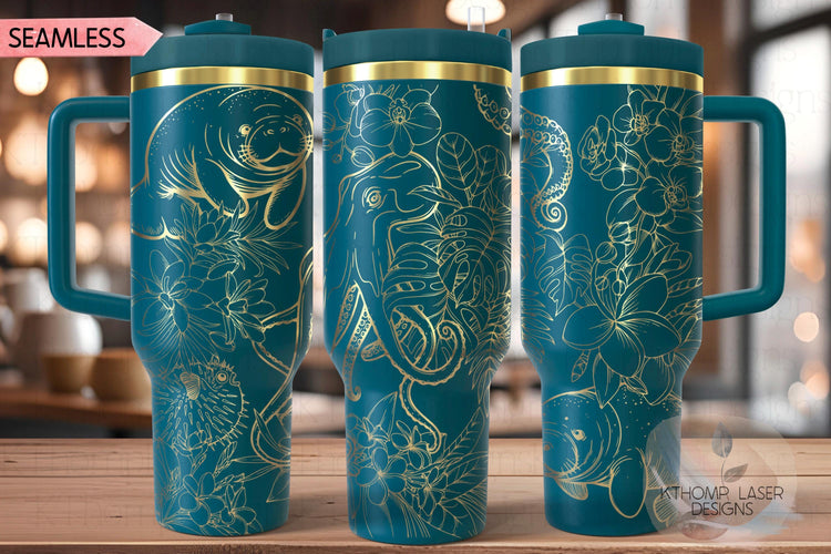 Floral Ocean Life Tumbler Wrap SVG | 40oz Laser Engraving File | Rotary Ready Digital Design | Ocean Nautical SVG