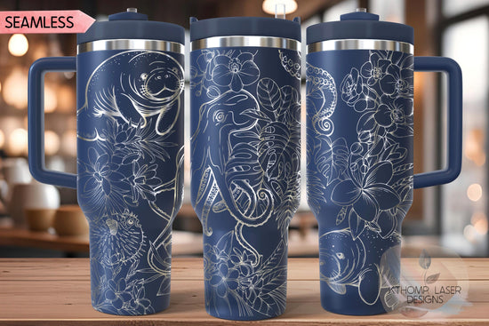 Floral Ocean Life Tumbler Wrap SVG | 40oz Laser Engraving File | Rotary Ready Digital Design | Ocean Nautical SVG