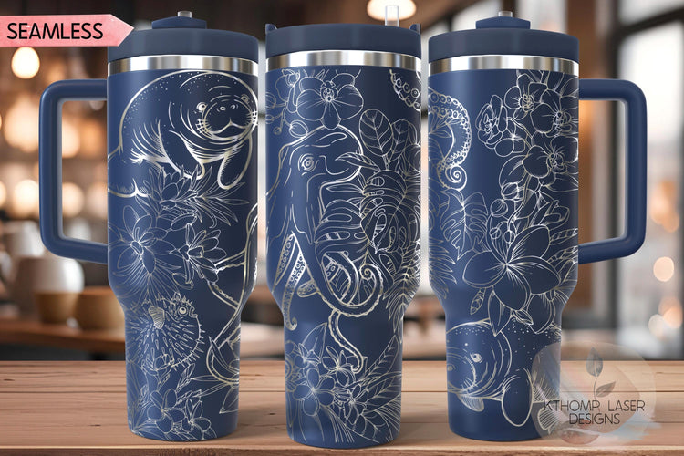 Floral Ocean Life Tumbler Wrap SVG | 40oz Laser Engraving File | Rotary Ready Digital Design | Ocean Nautical SVG