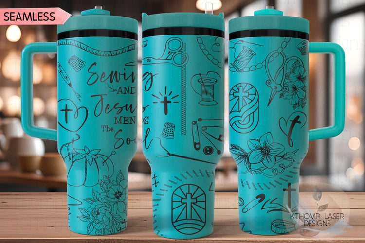 Sewing & Jesus Mends The Soul Tumbler Wrap SVG | 40oz Laser Engraving File | Rotary Ready Digital Design | Support Awareness SVG
