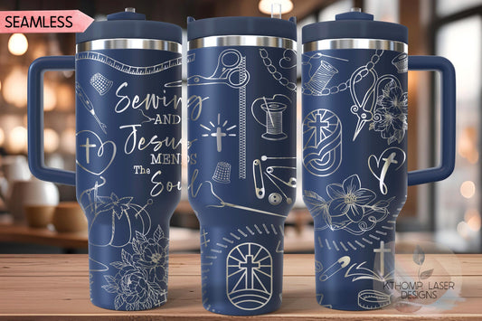 Sewing & Jesus Mends The Soul Tumbler Wrap SVG | 40oz Laser Engraving File | Rotary Ready Digital Design | Support Awareness SVG