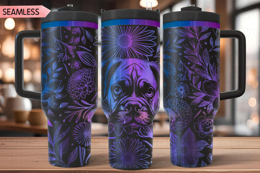 Floral Boxer Dog Tumbler Wrap SVG, 40oz Laser Engraving File, Rotary Ready Digital Design, Pet Lover Gift