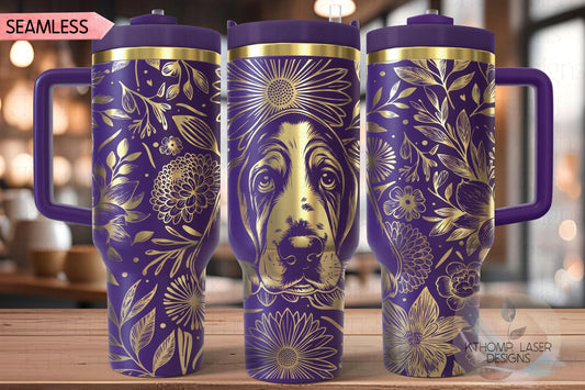 Floral Basset Hound Tumbler Wrap SVG, 40oz Laser Engraving File, Rotary Ready Digital Design, Pet Lover Gift