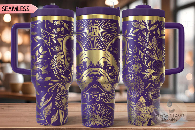 Floral French Bulldog Tumbler Wrap SVG, Frenchie 40oz Laser Engraving File, Rotary Ready Digital Design, Pet Lover Gift