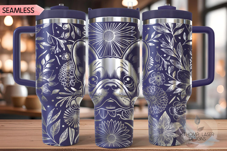 Floral French Bulldog Tumbler Wrap SVG, Frenchie 40oz Laser Engraving File, Rotary Ready Digital Design, Pet Lover Gift