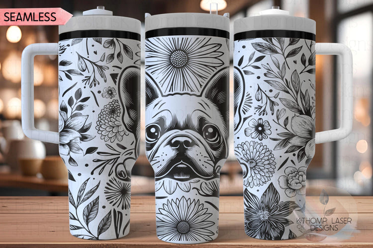 Floral French Bulldog Tumbler Wrap SVG, Frenchie 40oz Laser Engraving File, Rotary Ready Digital Design, Pet Lover Gift