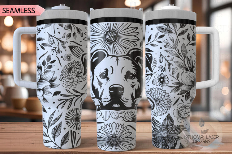 Floral Pit Bull Terrier Tumbler Wrap SVG, Pit Bull Terrier 40oz Laser Engraving File, Rotary Ready Digital Design, Pet Lover Gift