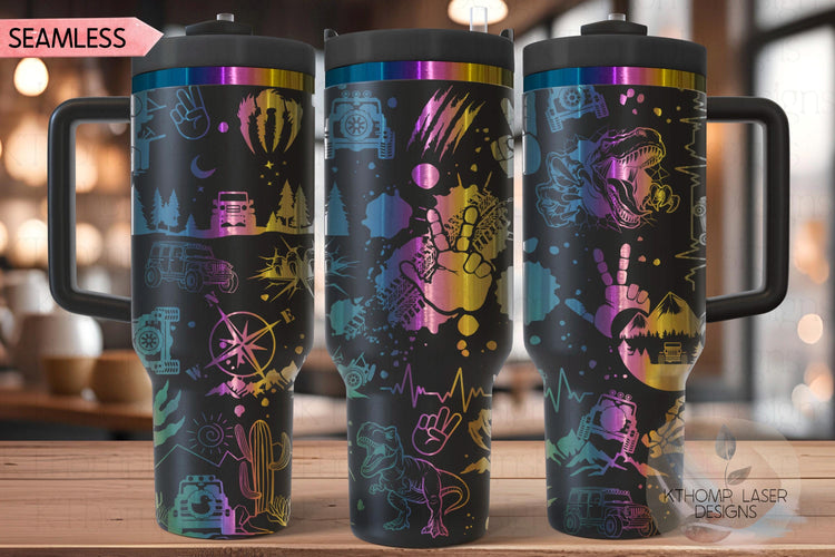 Dinosaur Off Roading Tumbler Wrap SVG, 40oz Laser Engraving File, Rotary Ready Digital Design, Hobby Travel SVG