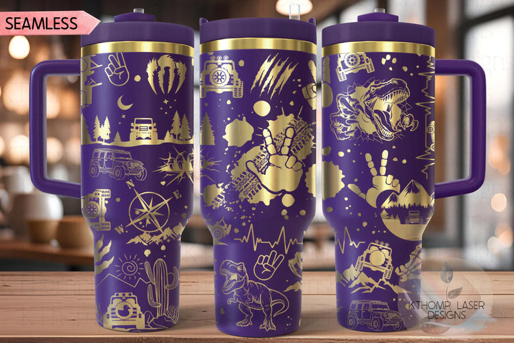 Dinosaur Off Roading Tumbler Wrap SVG, 40oz Laser Engraving File, Rotary Ready Digital Design, Hobby Travel SVG