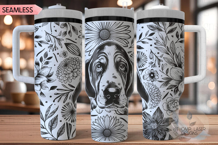 Floral Basset Hound Tumbler Wrap SVG, 40oz Laser Engraving File, Rotary Ready Digital Design, Pet Lover Gift