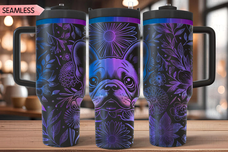 Floral French Bulldog Tumbler Wrap SVG, Frenchie 40oz Laser Engraving File, Rotary Ready Digital Design, Pet Lover Gift