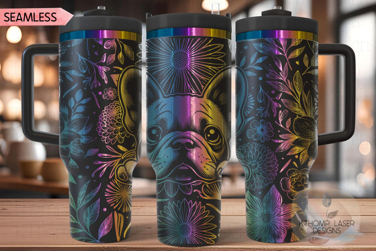 Floral French Bulldog Tumbler Wrap SVG, Frenchie 40oz Laser Engraving File, Rotary Ready Digital Design, Pet Lover Gift