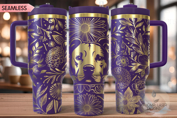 Floral Pit Bull Terrier Tumbler Wrap SVG, Pit Bull Terrier 40oz Laser Engraving File, Rotary Ready Digital Design, Pet Lover Gift