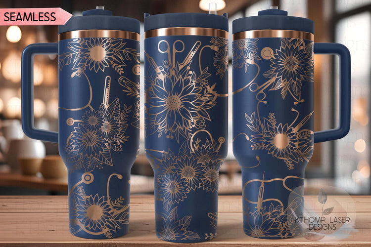 Sunflower Stethoscopes Tumbler Wrap SVG, 40oz Laser Engraving File, Rotary Ready Digital Design, Nurse Tumbler, Doctor Gift, Career Gift SVG