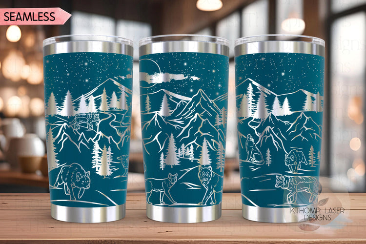 Wolves Mountain Scene Tumbler Wrap SVG, 20oz and 30oz Laser Engraving File, Rotary Ready Digital Design, Wildlife Nature SVG