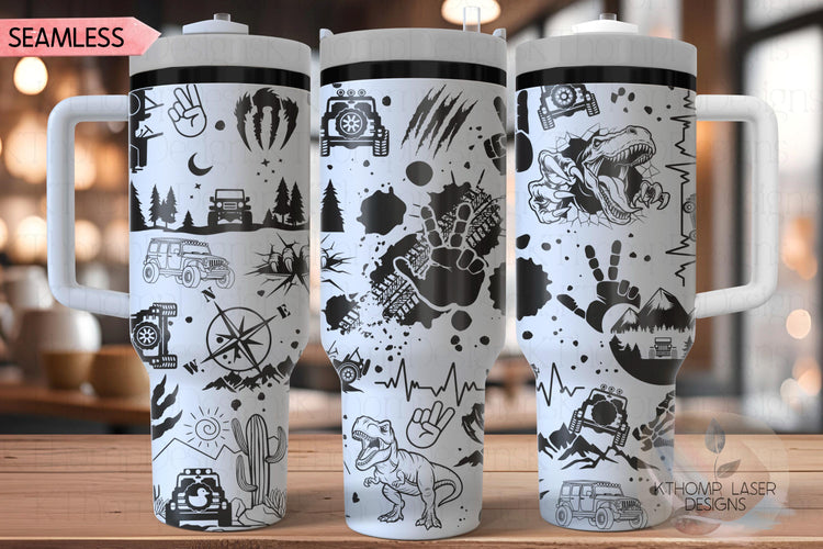 Dinosaur Off Roading Tumbler Wrap SVG, 40oz Laser Engraving File, Rotary Ready Digital Design, Hobby Travel SVG
