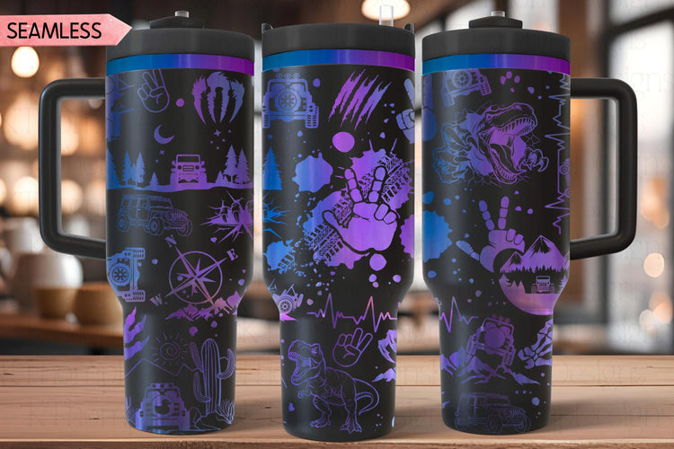 Dinosaur Off Roading Tumbler Wrap SVG, 40oz Laser Engraving File, Rotary Ready Digital Design, Hobby Travel SVG