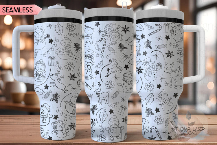 Cute Reindeer & Snowman Doodles Christmas Holiday Tumbler Wrap SVG, 40oz Laser Engraving File, Rotary Ready Digital Design, Seasonal SVG