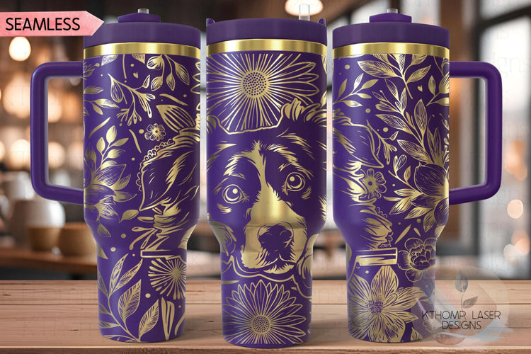 Floral Australian Shepherd Tumbler Wrap SVG, Australian Shepherd Dog 40oz Laser Engraving File, Rotary Ready Digital Design, Pet Lover Gift