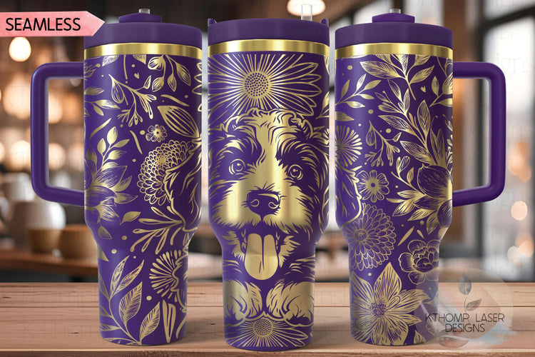 Floral Bernedoodle Tumbler Wrap SVG, Bernese Doodle Dog 40oz Laser Engraving File, Rotary Ready Digital Design, Pet Lover Gift