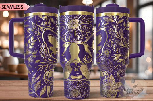 Floral Boston Terrier Tumbler Wrap SVG, Boston Terrier Dog 40oz Laser Engraving File, Rotary Ready Digital Design, Pet Lover Gift