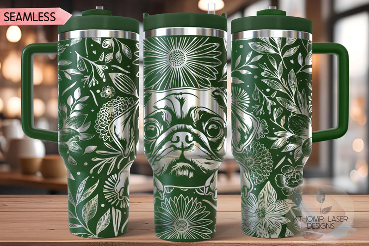 Floral Pug Tumbler Wrap SVG, Chinese Pug Dog 40oz Laser Engraving File, Rotary Ready Digital Design, Pet Lover Gift