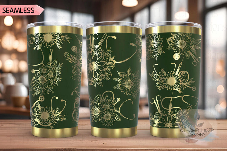 Sunflower Stethoscopes Medical Tumbler Wrap SVG, 20oz and 30oz Laser Engraving File, Rotary Ready Digital Design, Career Gift SVG