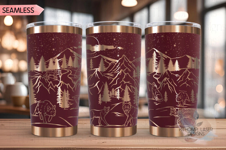 Wolves Mountain Scene Tumbler Wrap SVG, 20oz and 30oz Laser Engraving File, Rotary Ready Digital Design, Wildlife Nature SVG