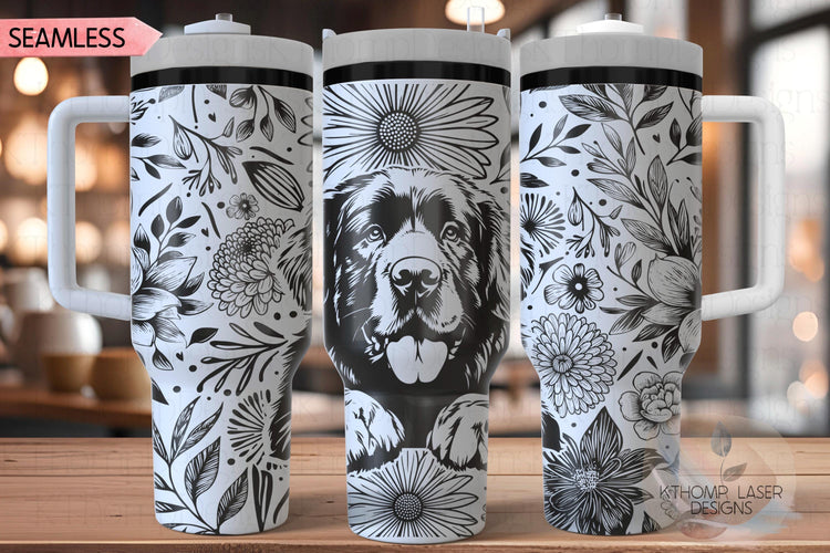 Floral Newfoundland Tumbler Wrap SVG, Newfie Dog 40oz Laser Engraving File, Rotary Ready Digital Design, Pet Lover Gift