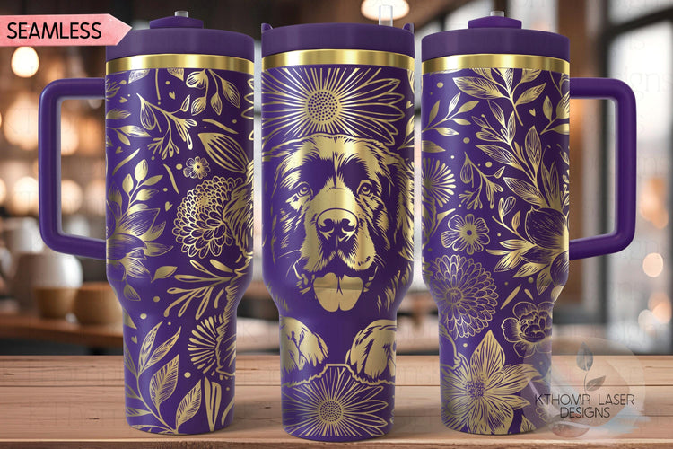 Floral Newfoundland Tumbler Wrap SVG, Newfie Dog 40oz Laser Engraving File, Rotary Ready Digital Design, Pet Lover Gift