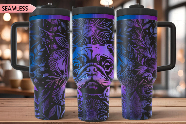 Floral Pug Tumbler Wrap SVG, Chinese Pug Dog 40oz Laser Engraving File, Rotary Ready Digital Design, Pet Lover Gift