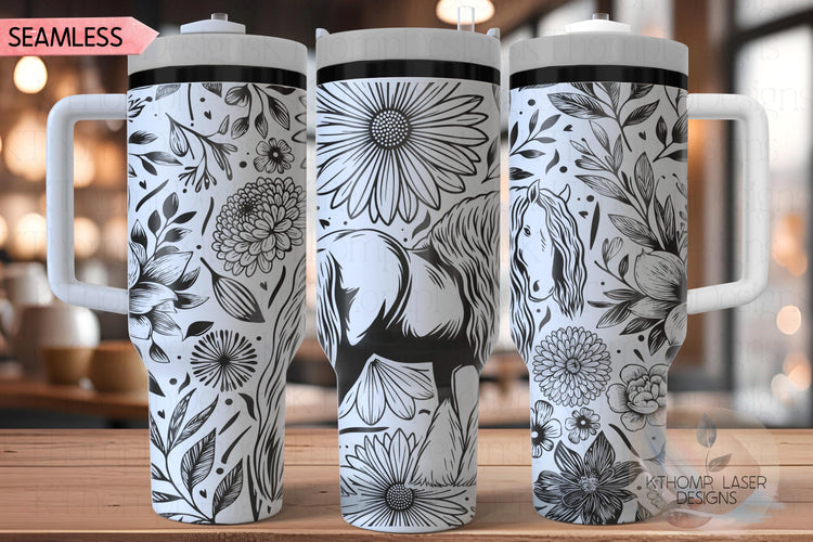 Floral Draft Horse Tumbler Wrap SVG, Beautiful Horse 40oz Laser Engraving File, Rotary Ready Digital Design, Pet Lover Gift